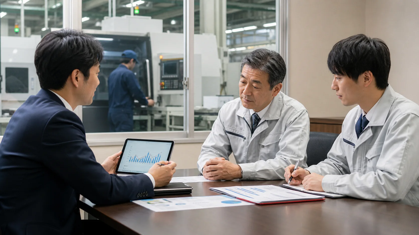 製造業の経営者と銀行担当者が設備稼働率、更新時期、生産能力を確認する会議