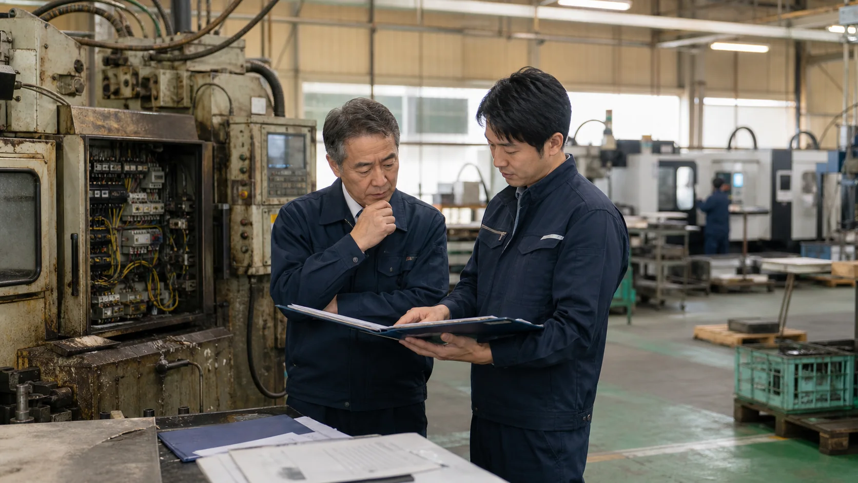 製造業の担当者が機械装置台帳、稼働記録、保全履歴を照合する場面