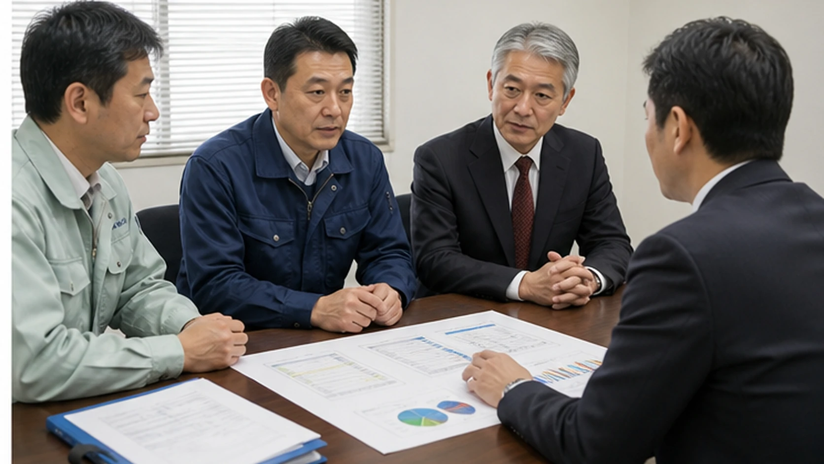 経営者・製造・保全・安全・財務・銀行担当者が保全先送りと投資計画を確認する会議