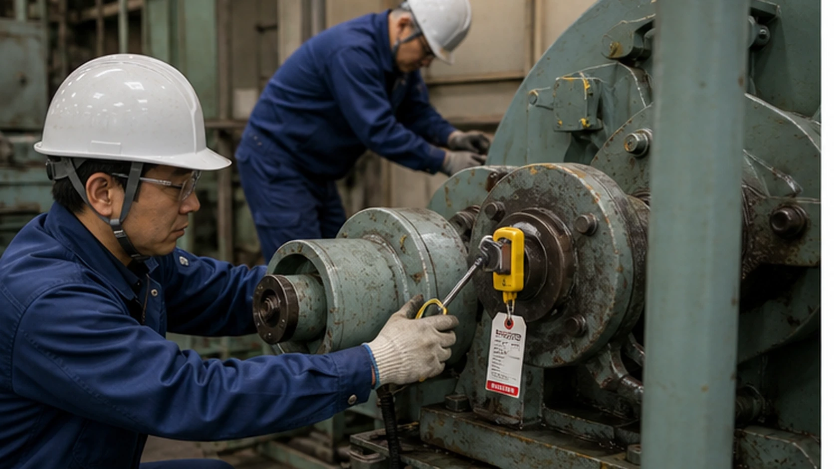 保全・製造・財務担当者が未実施項目をリスクと実行期限で整理する場面