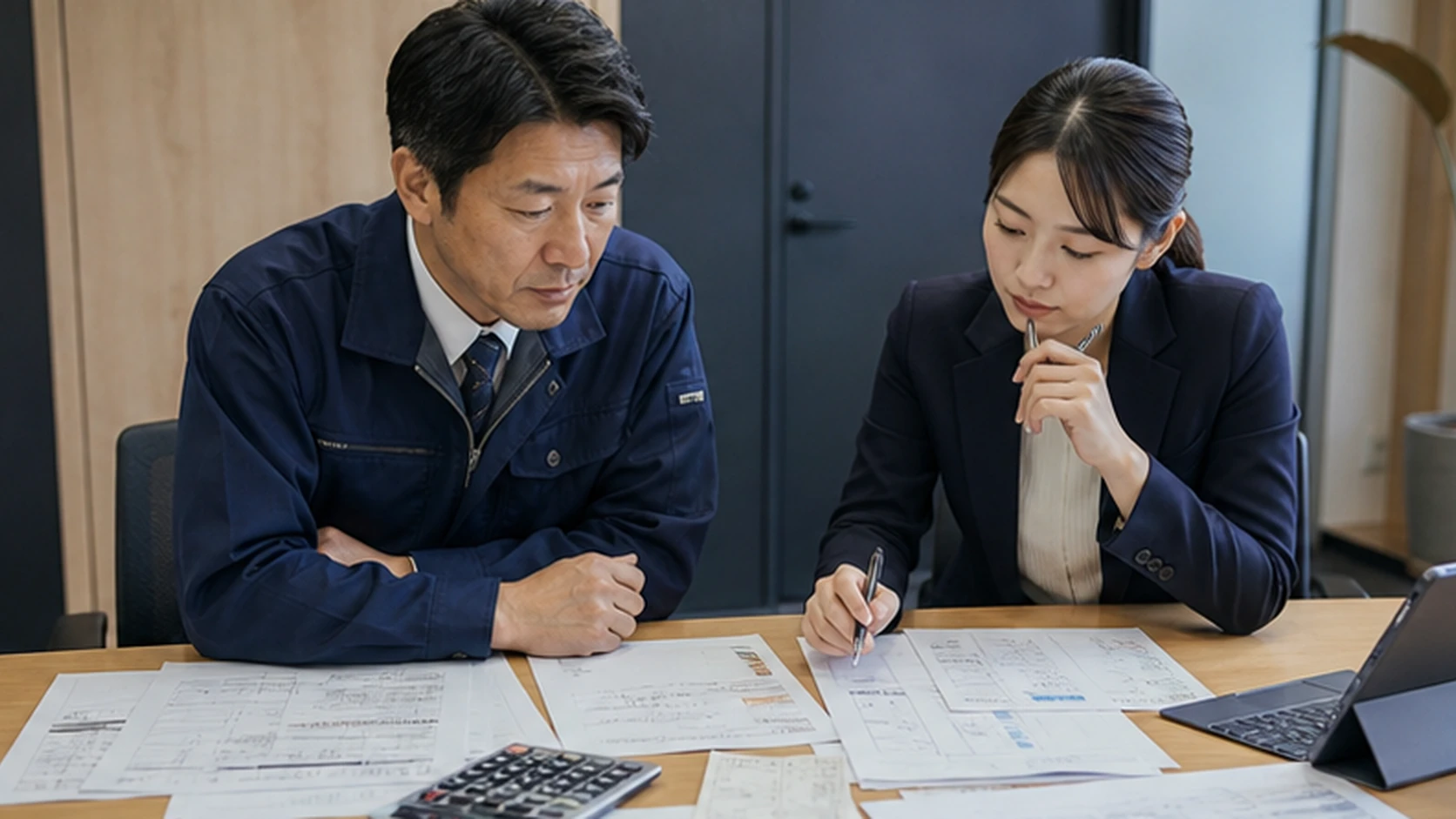 経営者と財務担当者が法人個人の取引、借入保証一覧、月次資料を確認する場面