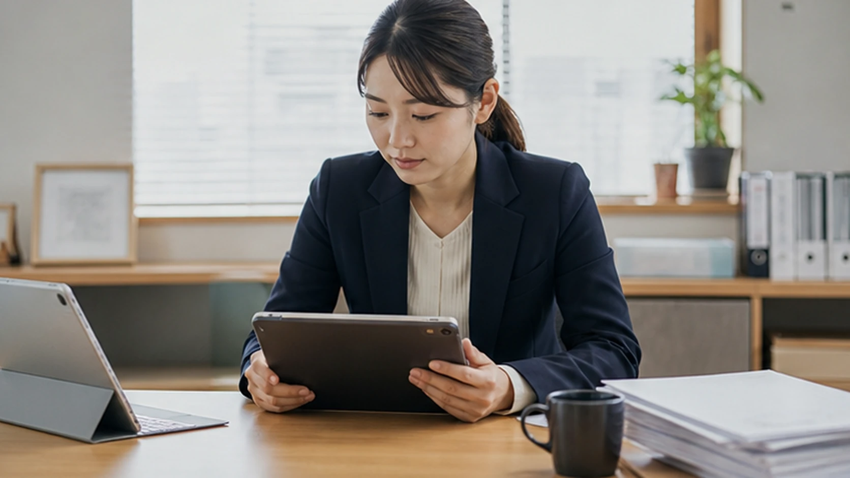 経営者と銀行担当者が保証契約の見直し条件と不足資料を確認する面談