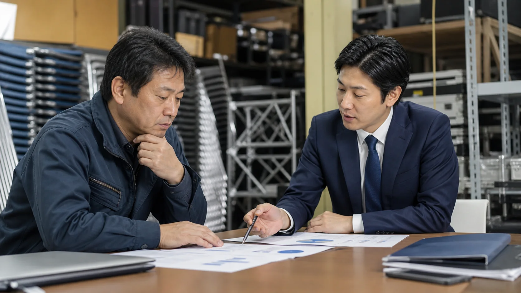 イベント機材会社が下振れ資金と四つの資金調達方法を比較する会議