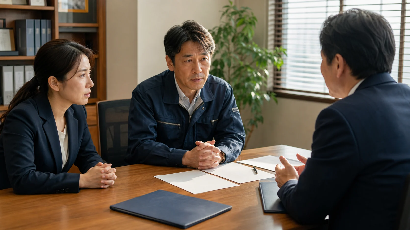 経営者と銀行担当者が重大事象の影響試算と代替資金工程を早期相談する場面