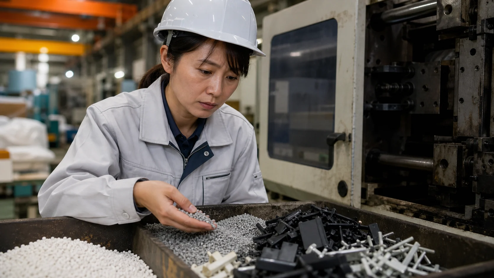 樹脂成形会社の経営者が工場で原材料使用量と価格転嫁を確認する場面