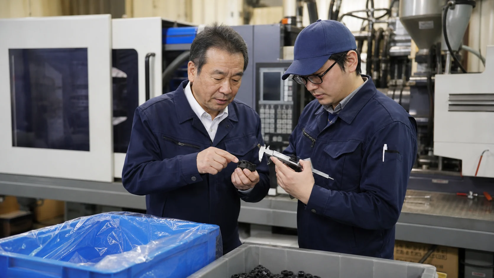 樹脂成形会社の経営者と製造責任者が材料費差異を改善する会議