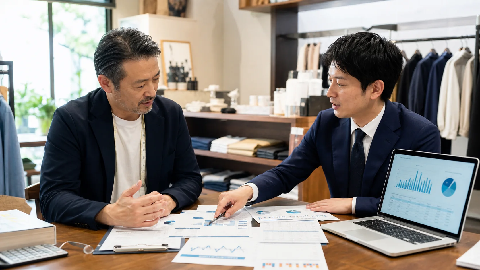 小売会社の経営者と銀行担当者が季節商品販売後の運転資金を確認する会議