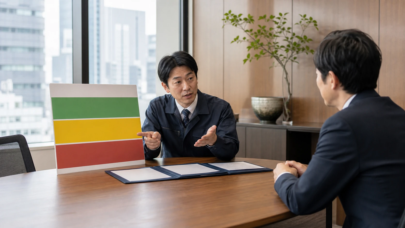 経営者・財務・銀行担当者が通常線、警戒線、緊急線と行動期限を確認する会議