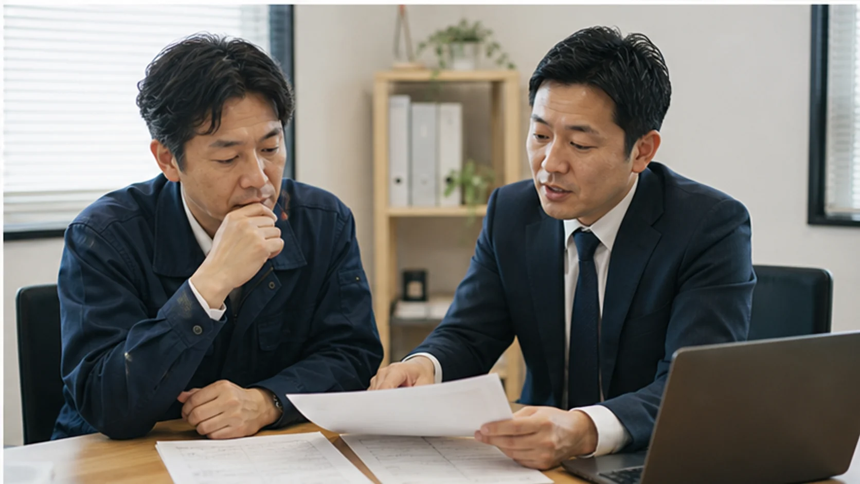 サービス会社の経営者と資金アドバイザーが雑収入除外後の不足を確認する会議
