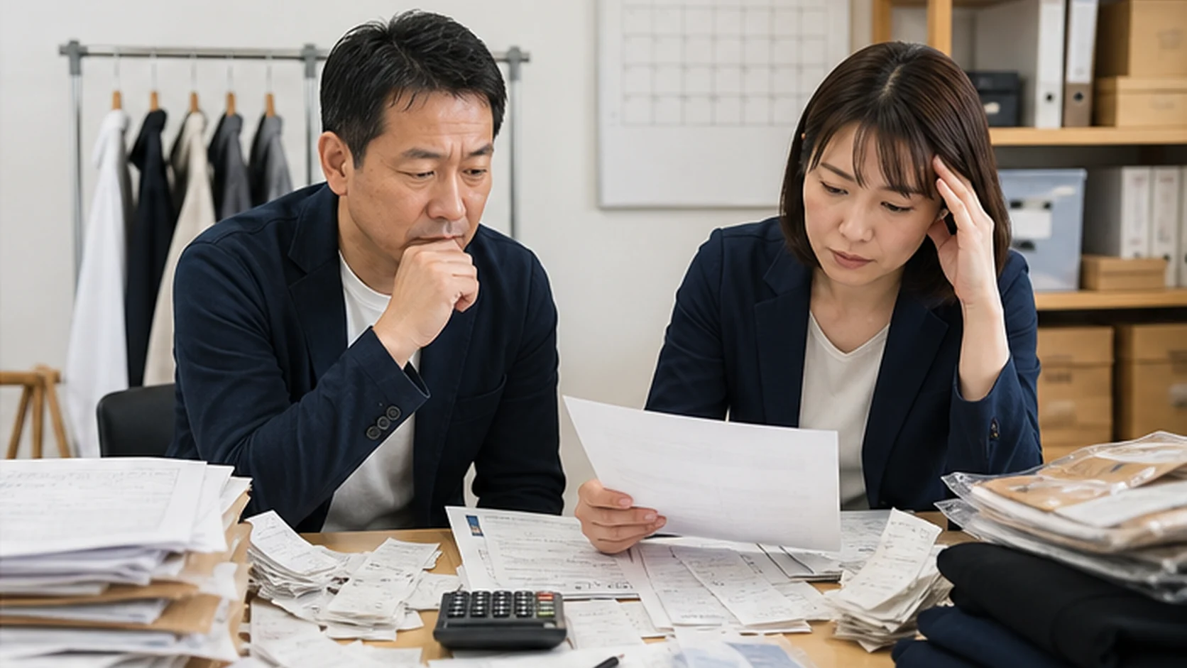 小売会社の経営者と経理担当者が月次締めの遅延項目を確認する場面
