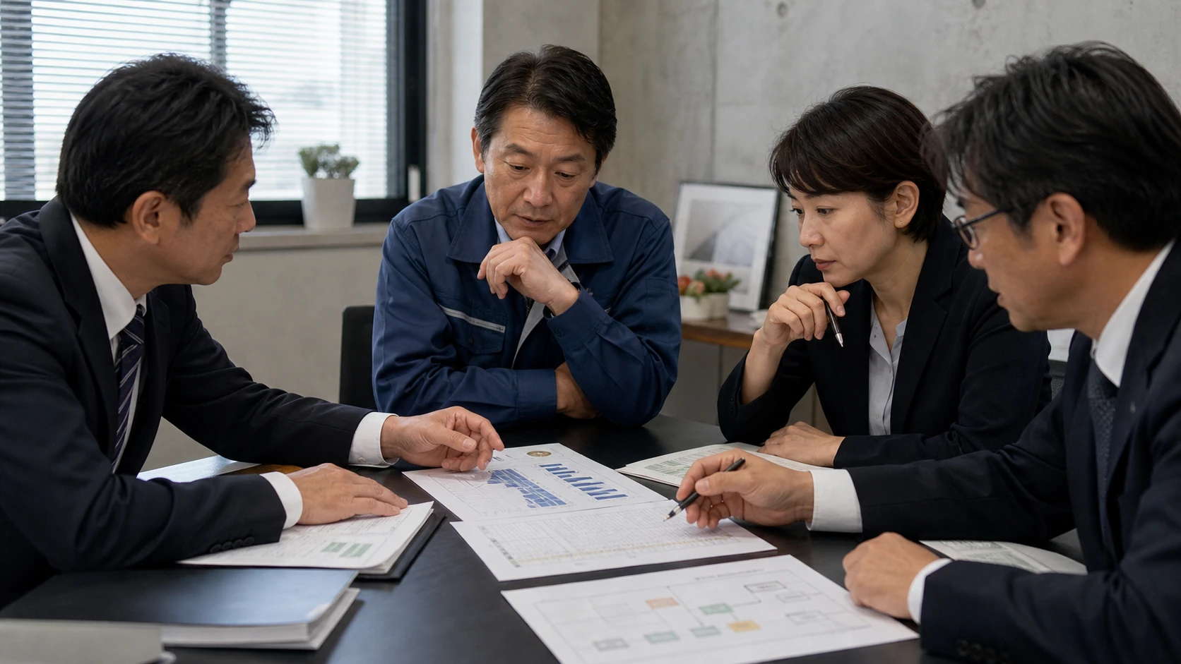 経営者・支援専門家・銀行担当者が実態債務超過と解消工程を確認する会議