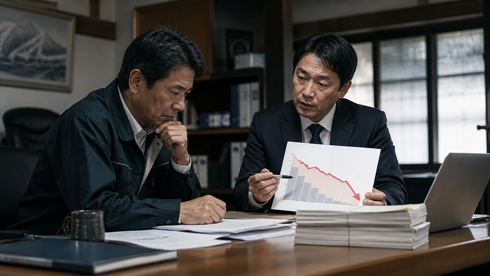 経営者と支援専門家が実態貸借対照表と債務超過解消策を確認する場面