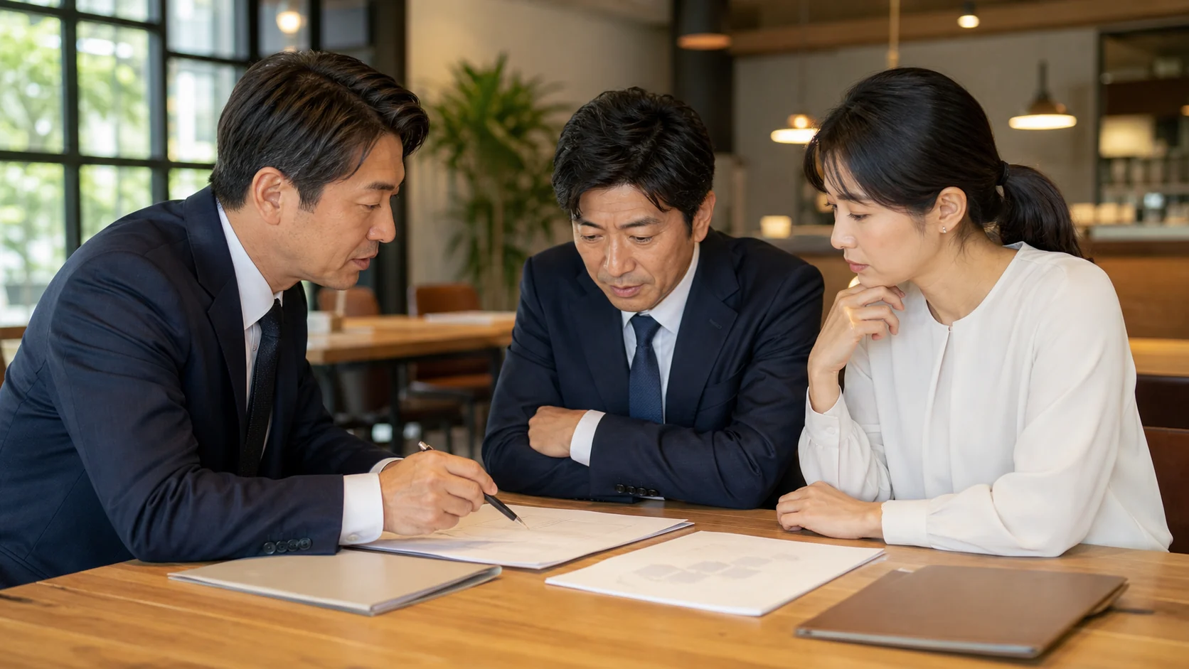 経営者と財務担当者が既存銀行へ新規担保設定と代替案を事前相談する場面