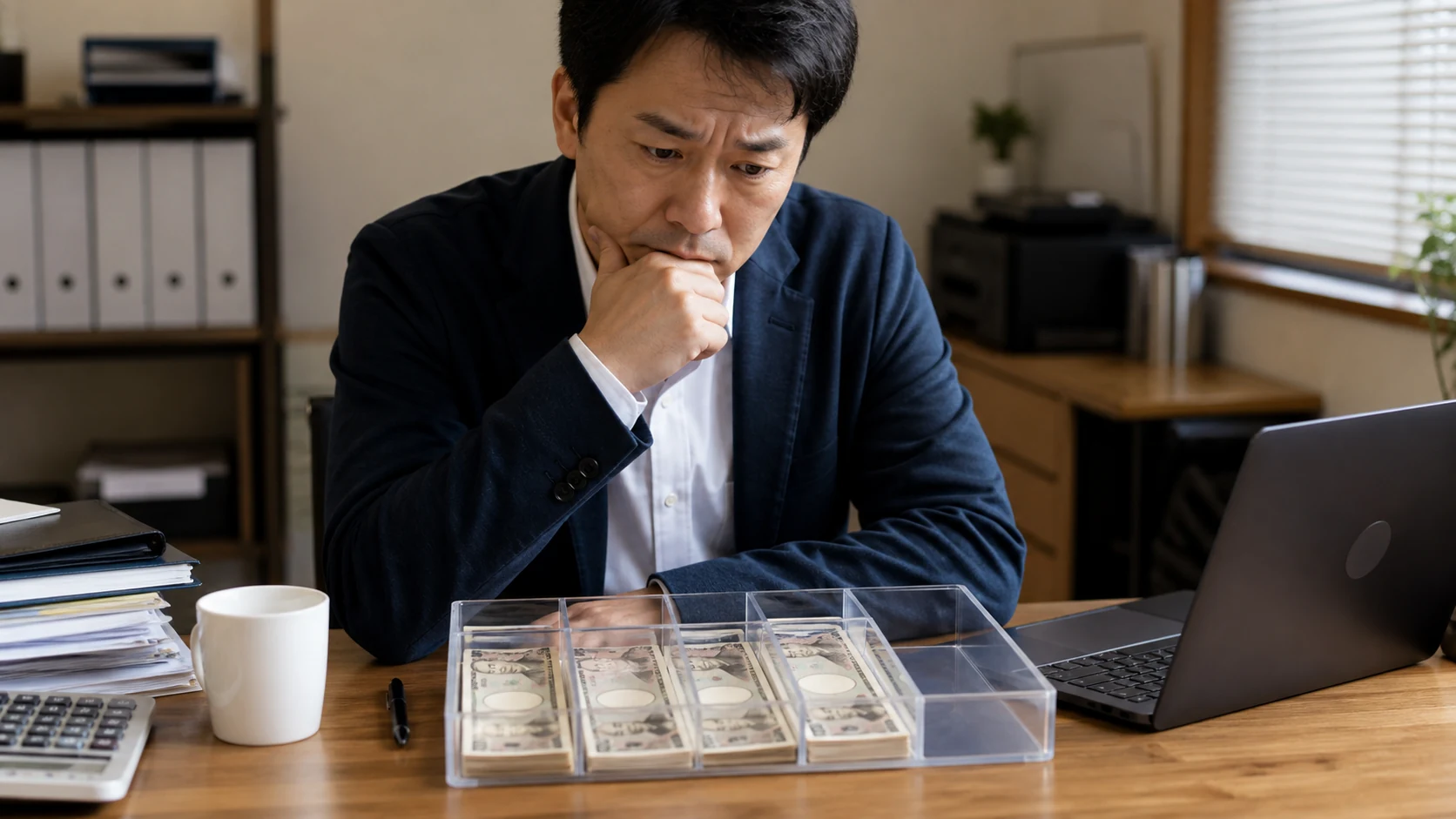 中小企業の経営者と財務担当者が有利子負債と自由現金を確認する場面