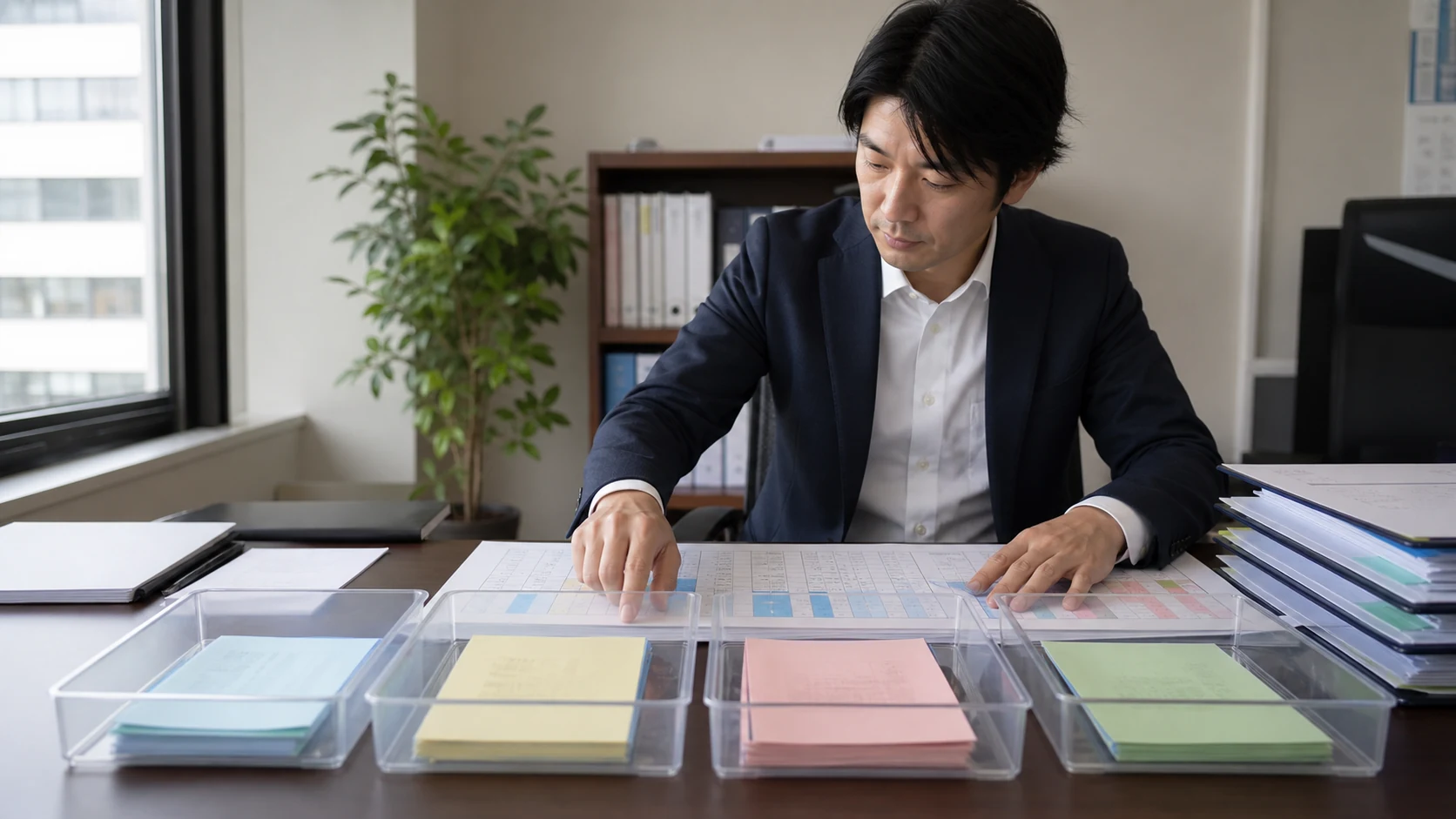 財務担当者が預金を自由現金と拘束・必要資金へ分類する場面