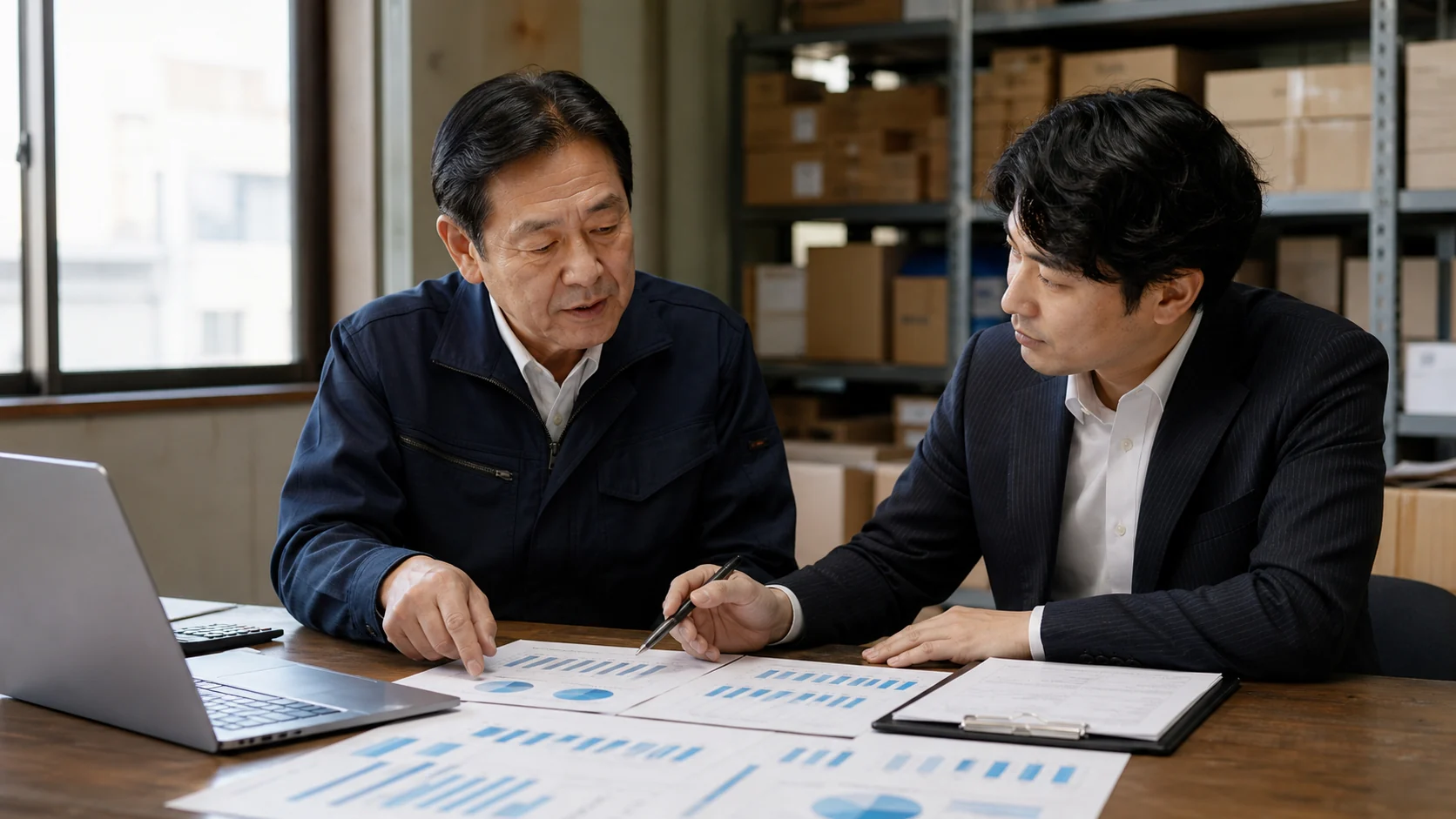 卸売会社経営者と資金調達アドバイザーが最終利益後の返済余力を比較する会議