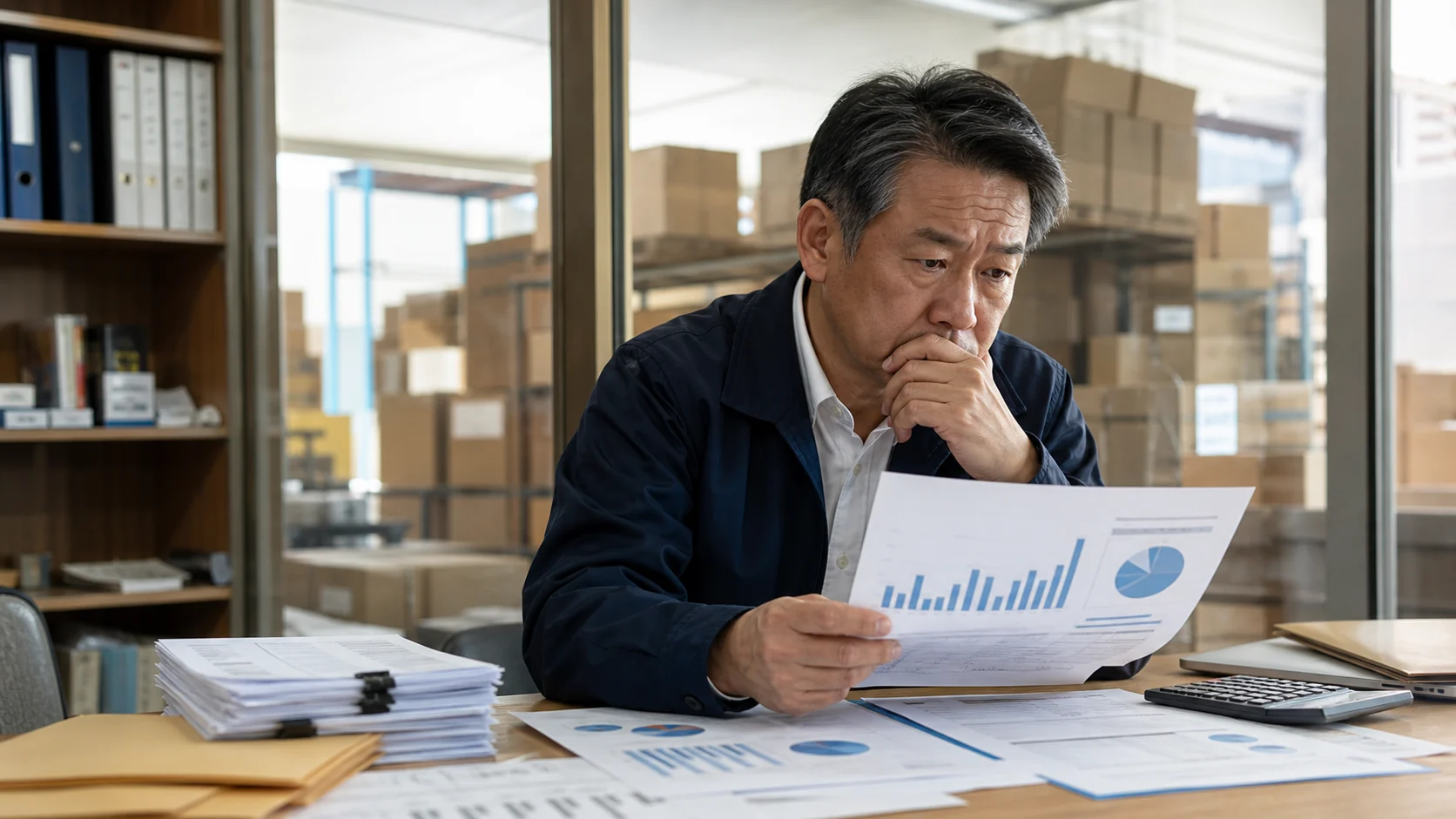 地域卸売会社の経理担当者が当期純利益と現金増減を照合する場面