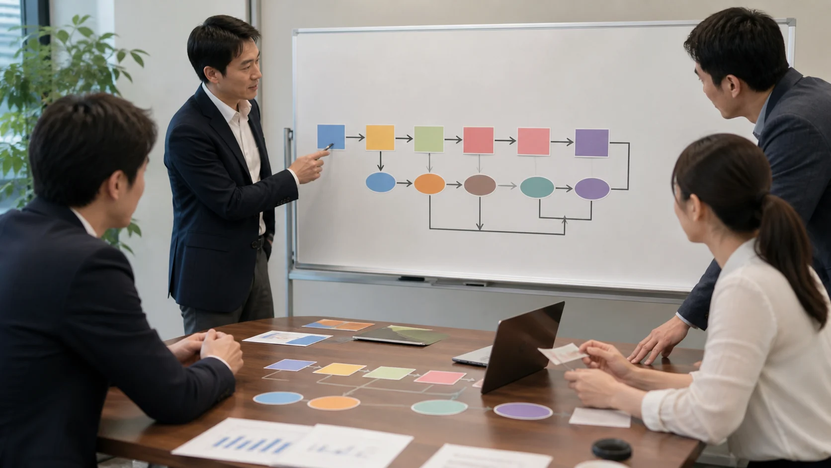 卸売会社の経営会議で最終利益と利益処分後の資金を比較する場面