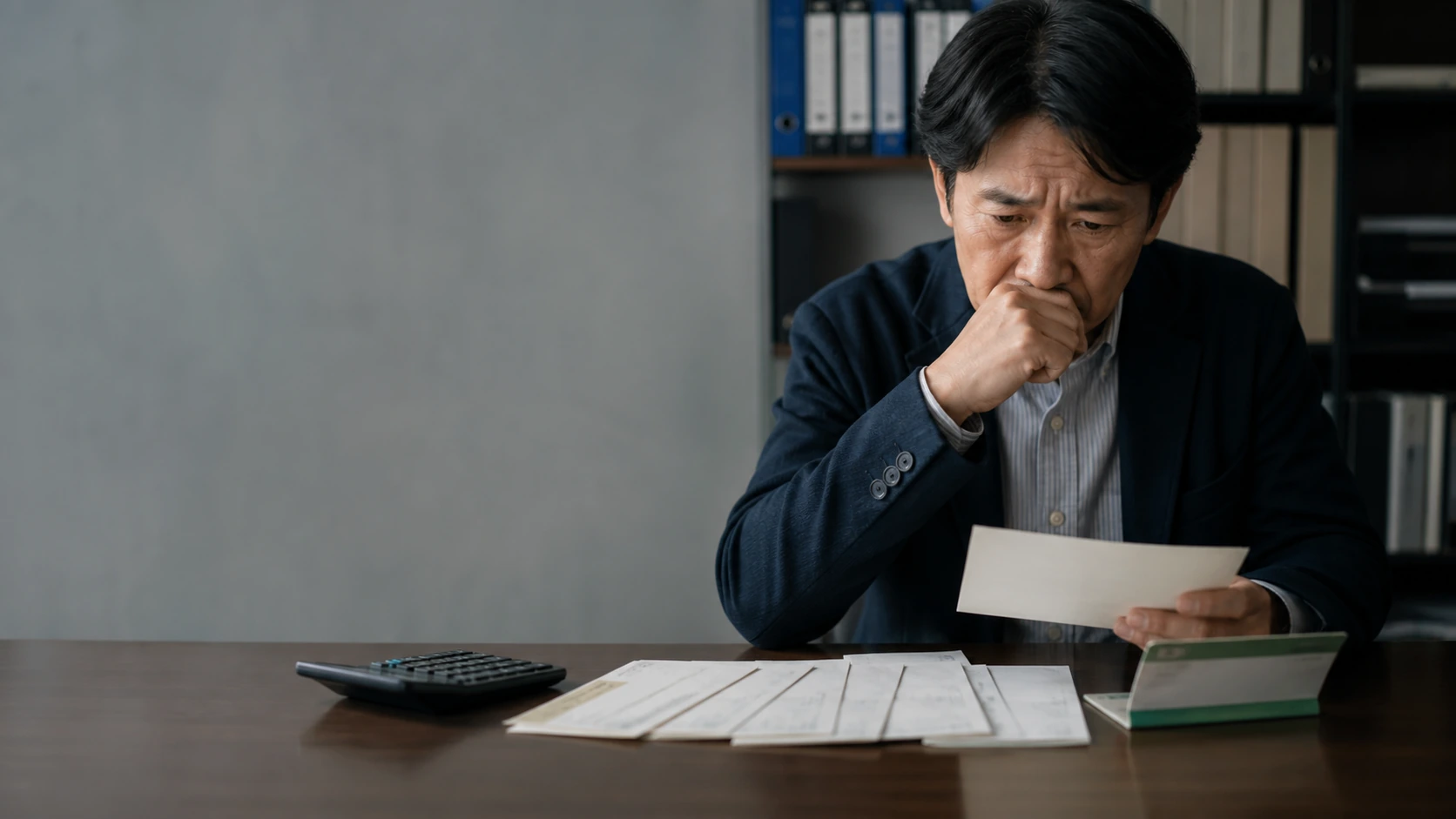 経営者が支払手形の期日一覧と当座預金残高を確認する場面