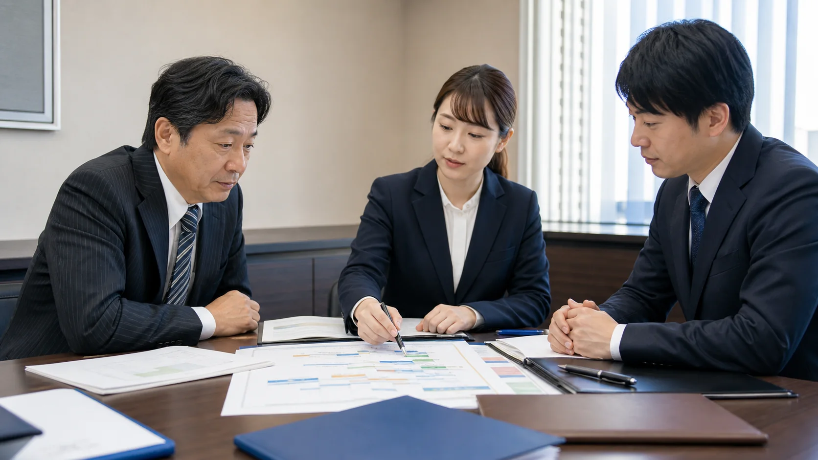 卸売会社の経営者と銀行担当者が手形満期前の運転資金を確認する会議
