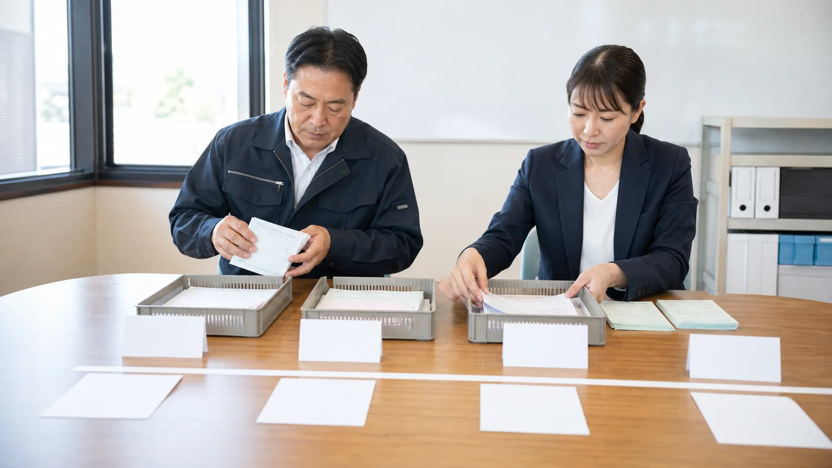 卸売会社の経営会議で受取手形の満期集中と資金不足週を確認する場面