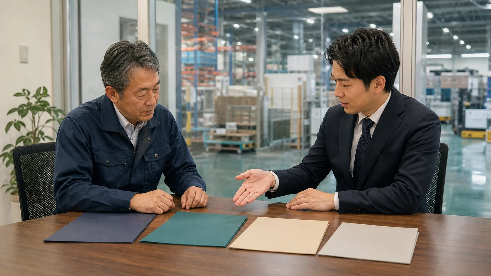 倉庫の在庫年齢表と換金手取りを確認し四つの資金調達方法を比較する製造会社の会議