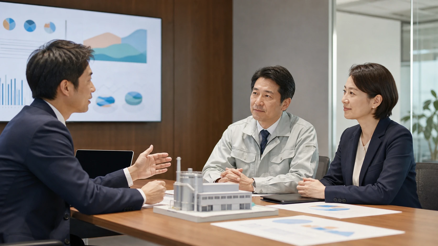 経営者・工場責任者・銀行担当者が設備投資と外部資金必要額を確認する会議