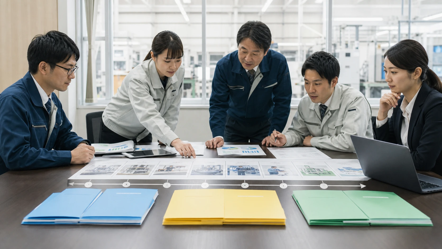 財務担当者と工場責任者が設備投資の支払・効果・資金源を工程表にする場面