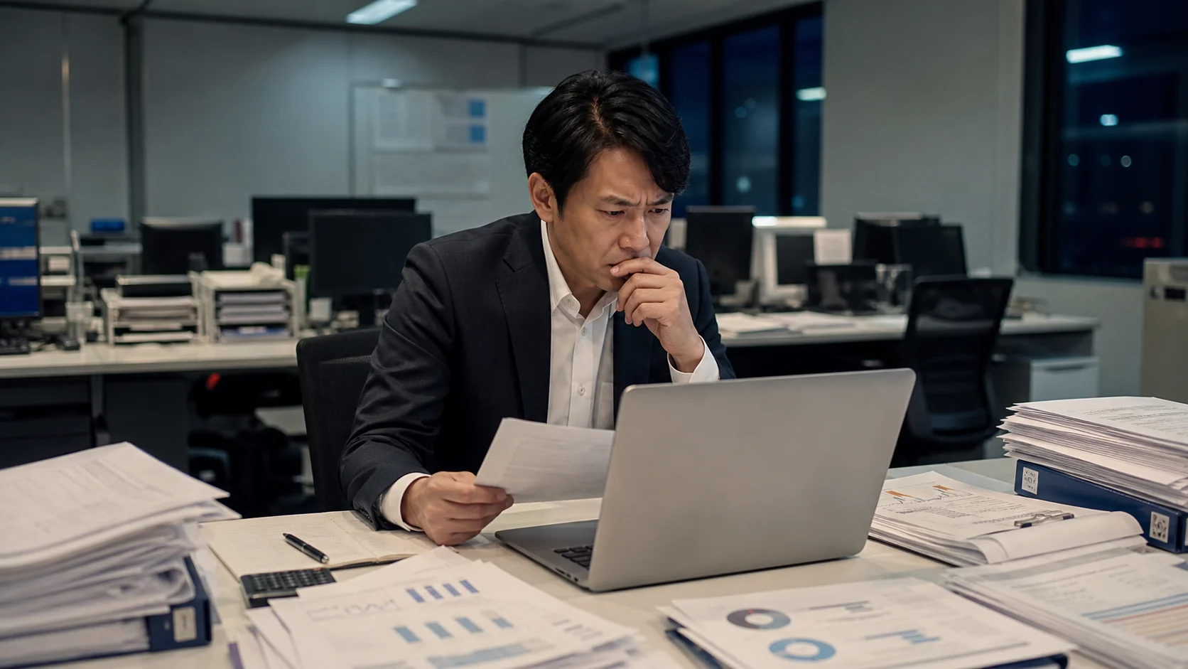サービス会社の経営者が販管費の増加と部門別赤字の原因を一人で点検する場面