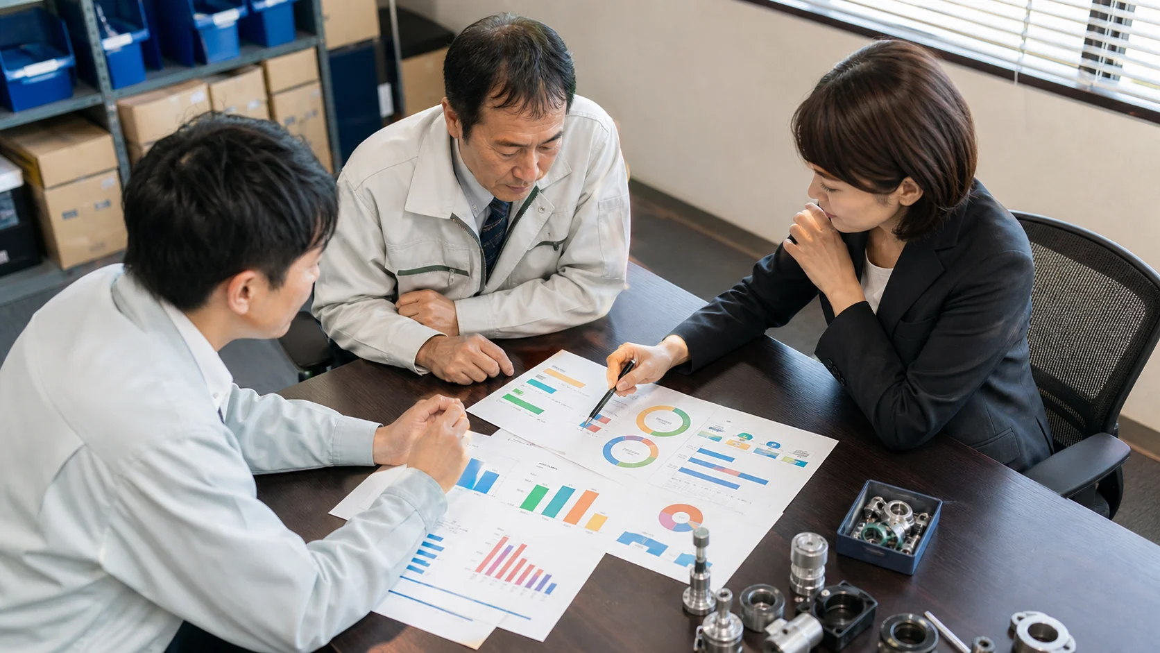 精密部品卸の経営者と担当者が経常利益の橋渡し表を確認する会議