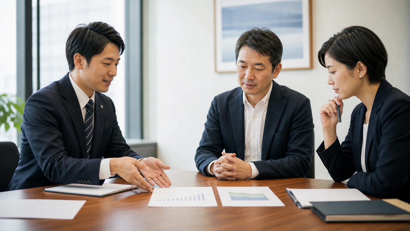 経営者・会計担当者・銀行担当者が評価差額と実現手取を確認する会議