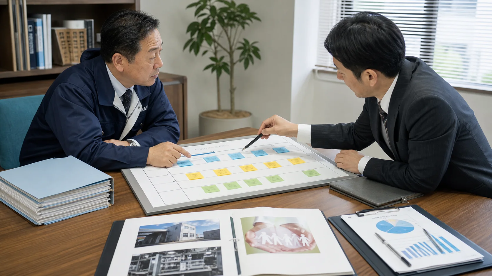 経営者と銀行担当者が未収入金の内容明細と回収期限を確認する会議