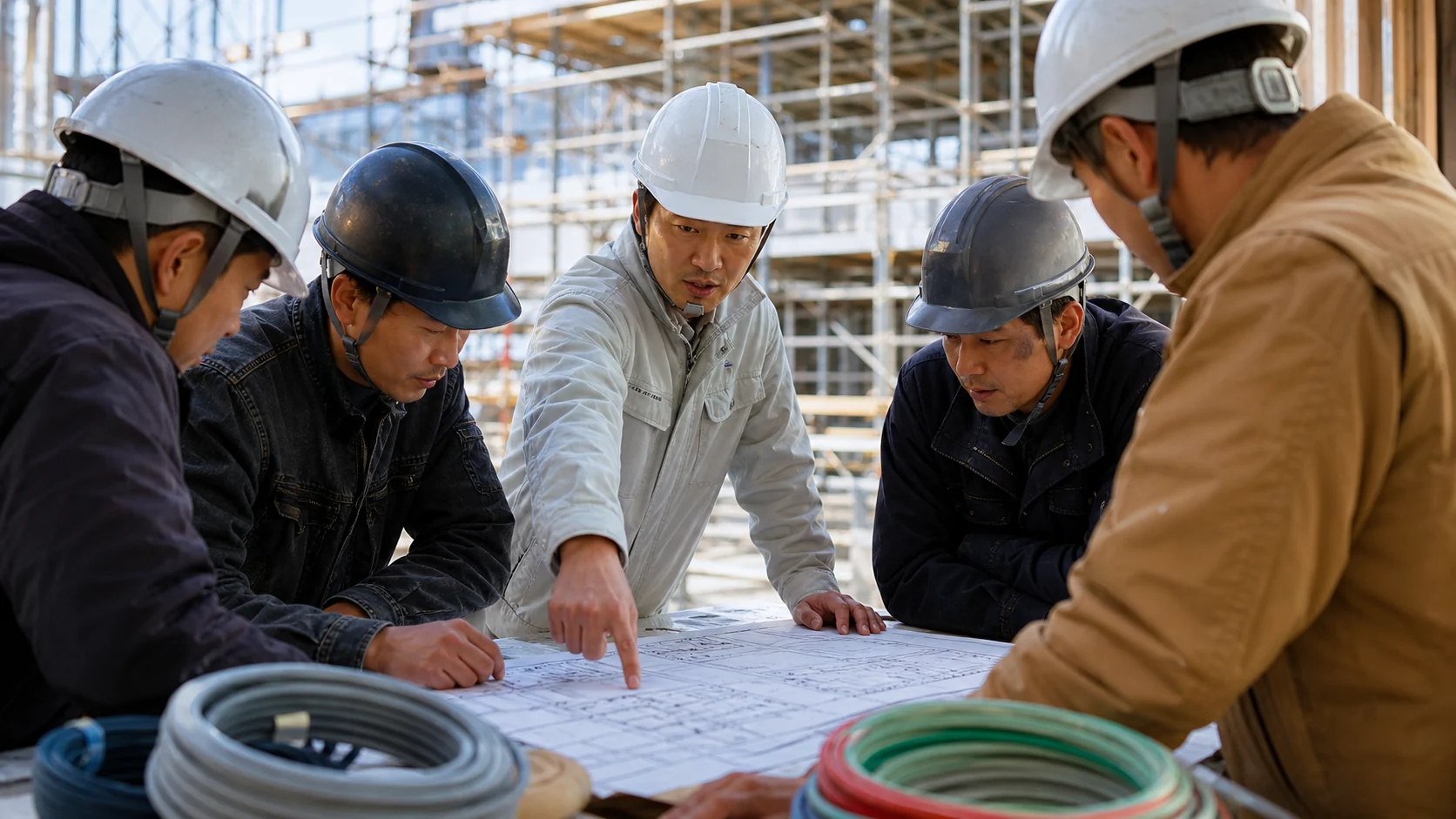 電気設備工事会社の経営者と工事責任者が内製・外注計画を確認する会議