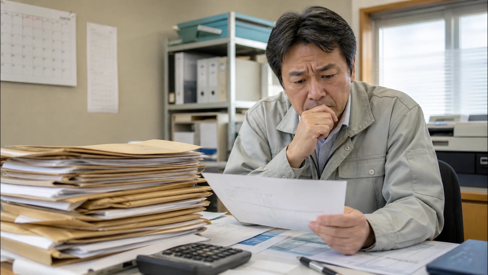 中小企業の経営者と経理担当が仕入先別の請求書と支払予定表を確認する場面