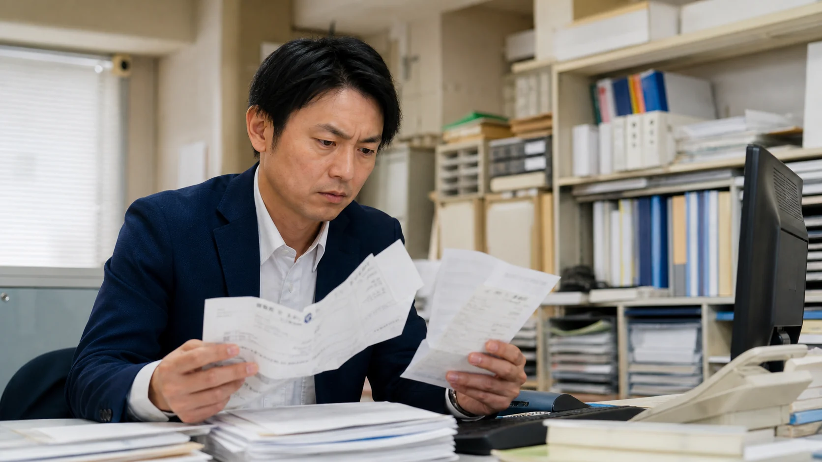 経営者と経理担当が売掛先別の請求書・入金履歴・遅延日数を確認する会議