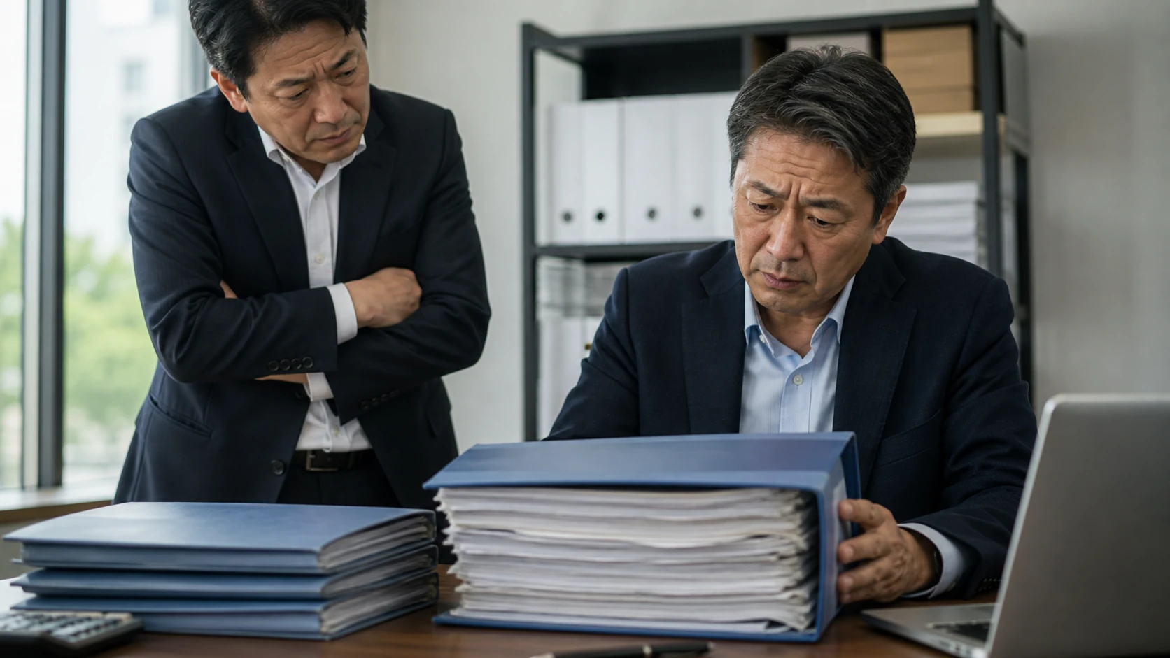 経理担当者と管理者が長期化した大口債権ファイルを個別に精査する場面