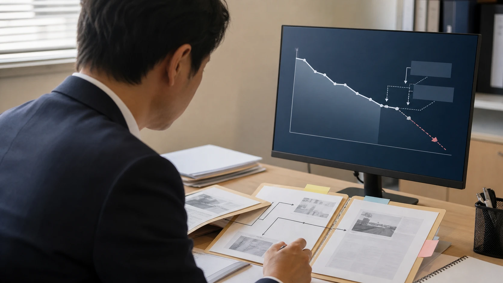 経営者・会計専門家・銀行担当者が債権年齢表と回収下振れを確認する会議
