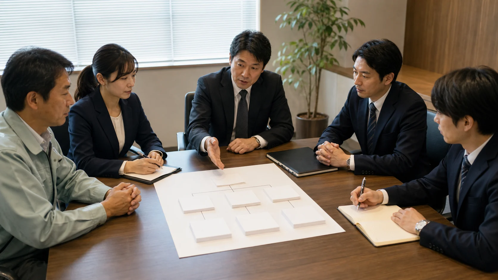 経営者と複数の金融関係者が新規借入の順位と担保条件を確認する場面