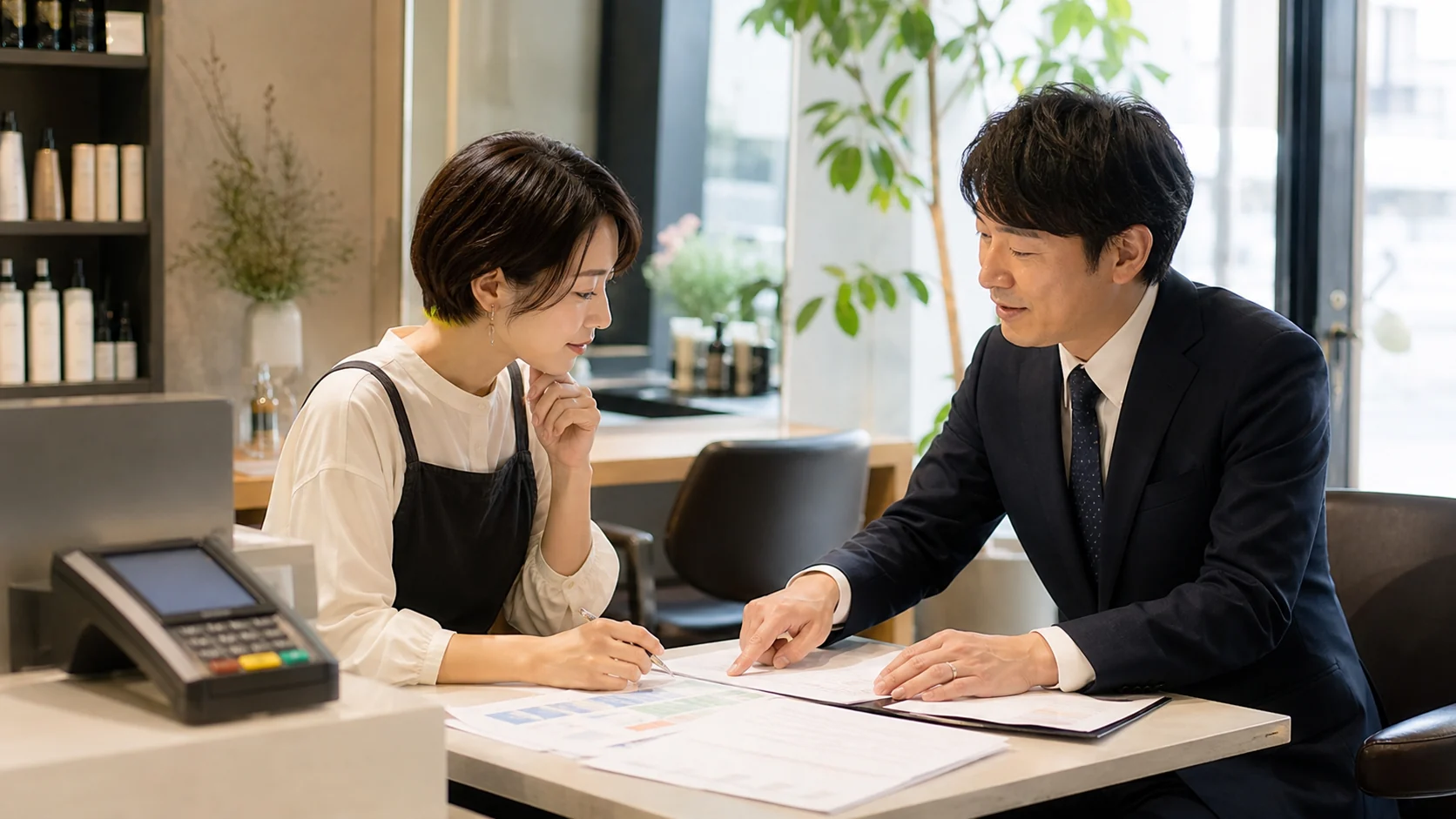 美容サロン経営者と資金調達アドバイザーが決済入金待ちの運転資金を比較する会議