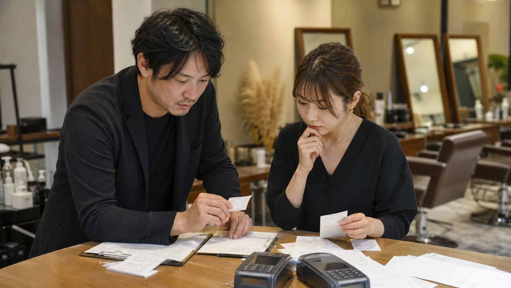 美容サロン経営者がレジ横でカード決済明細と預金入金予定を確認する場面