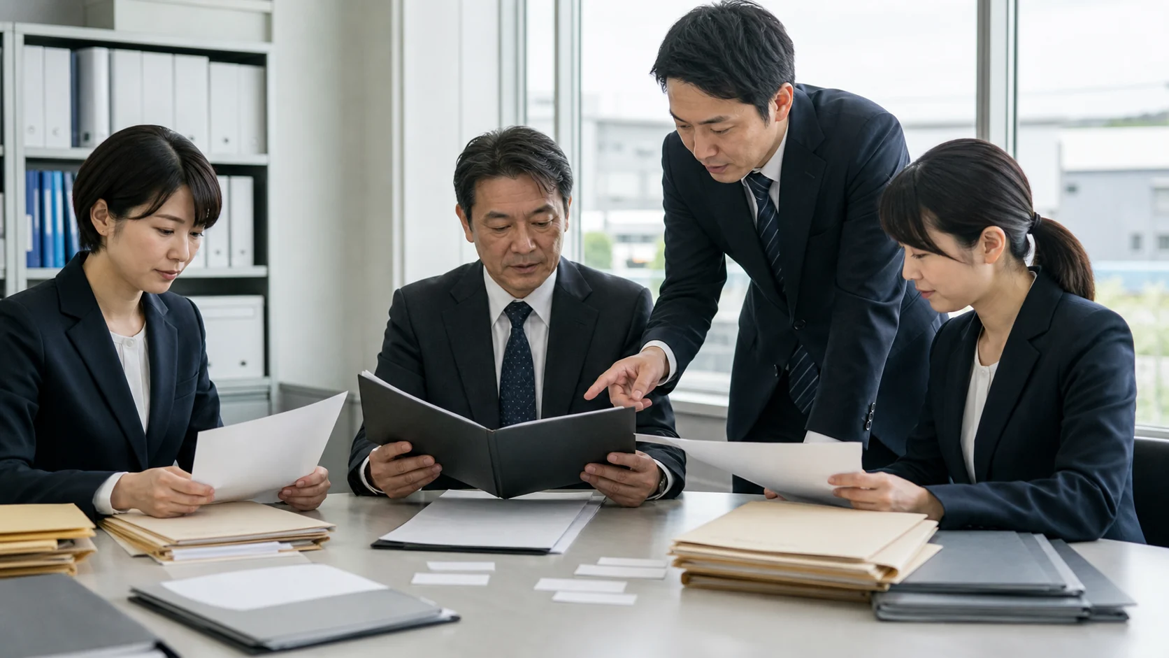 管理部門と現場責任者が許認可更新カレンダーと補正状況を確認する場面