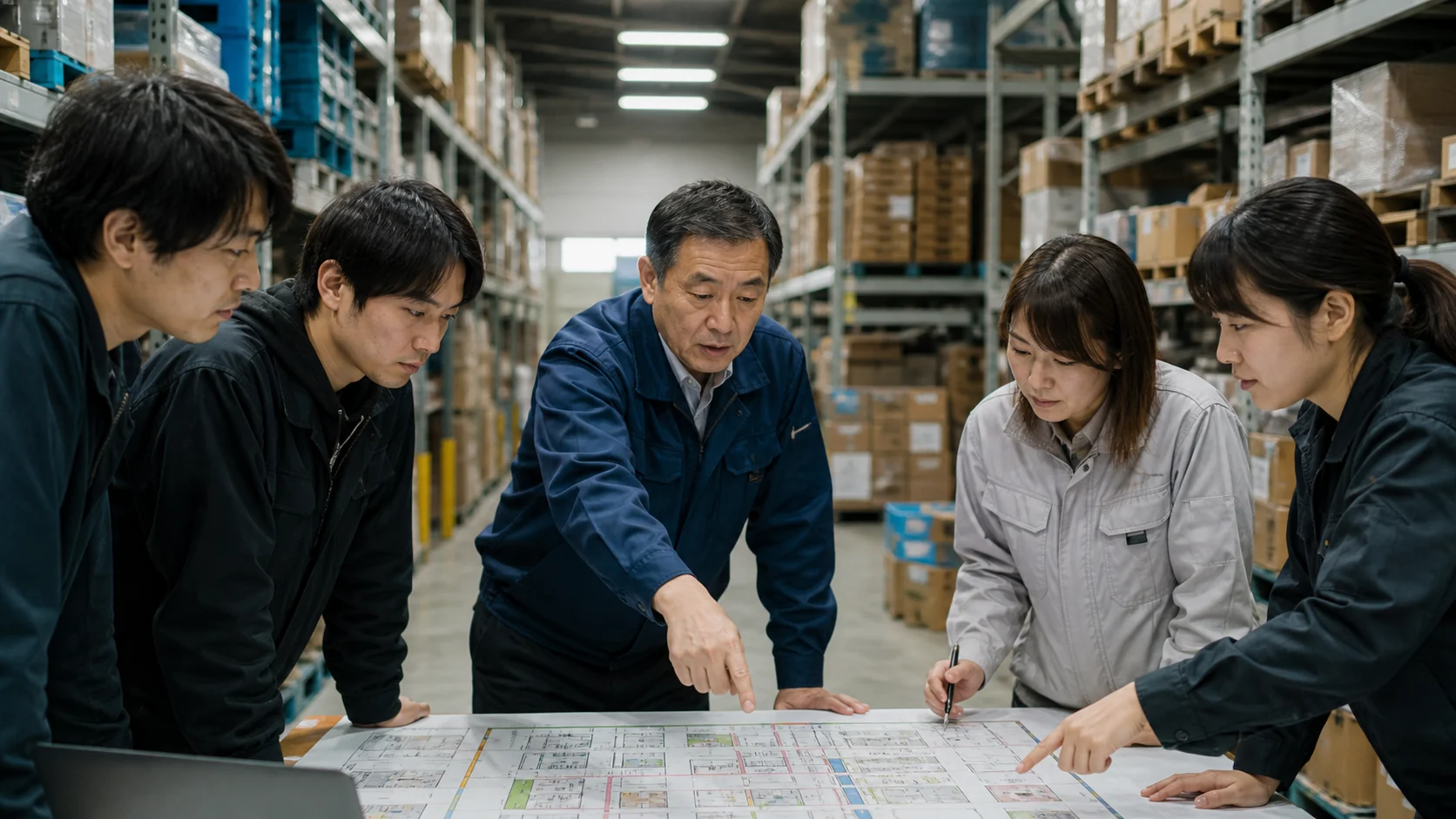 物流倉庫会社の経営者と現場責任者がシフトと作業導線を改善する会議