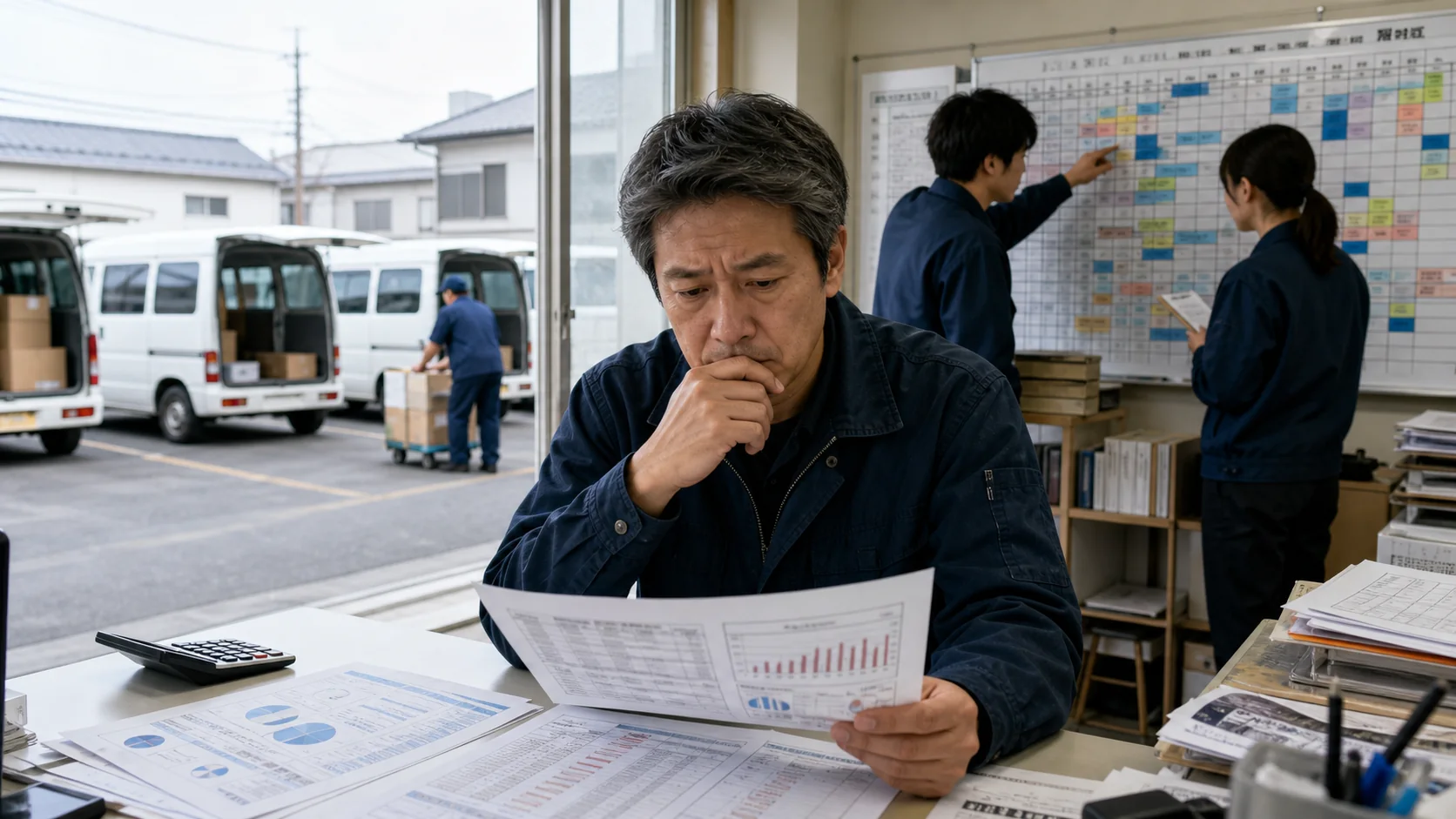 配送会社の経営者が便別採算と人件費率を確認する場面
