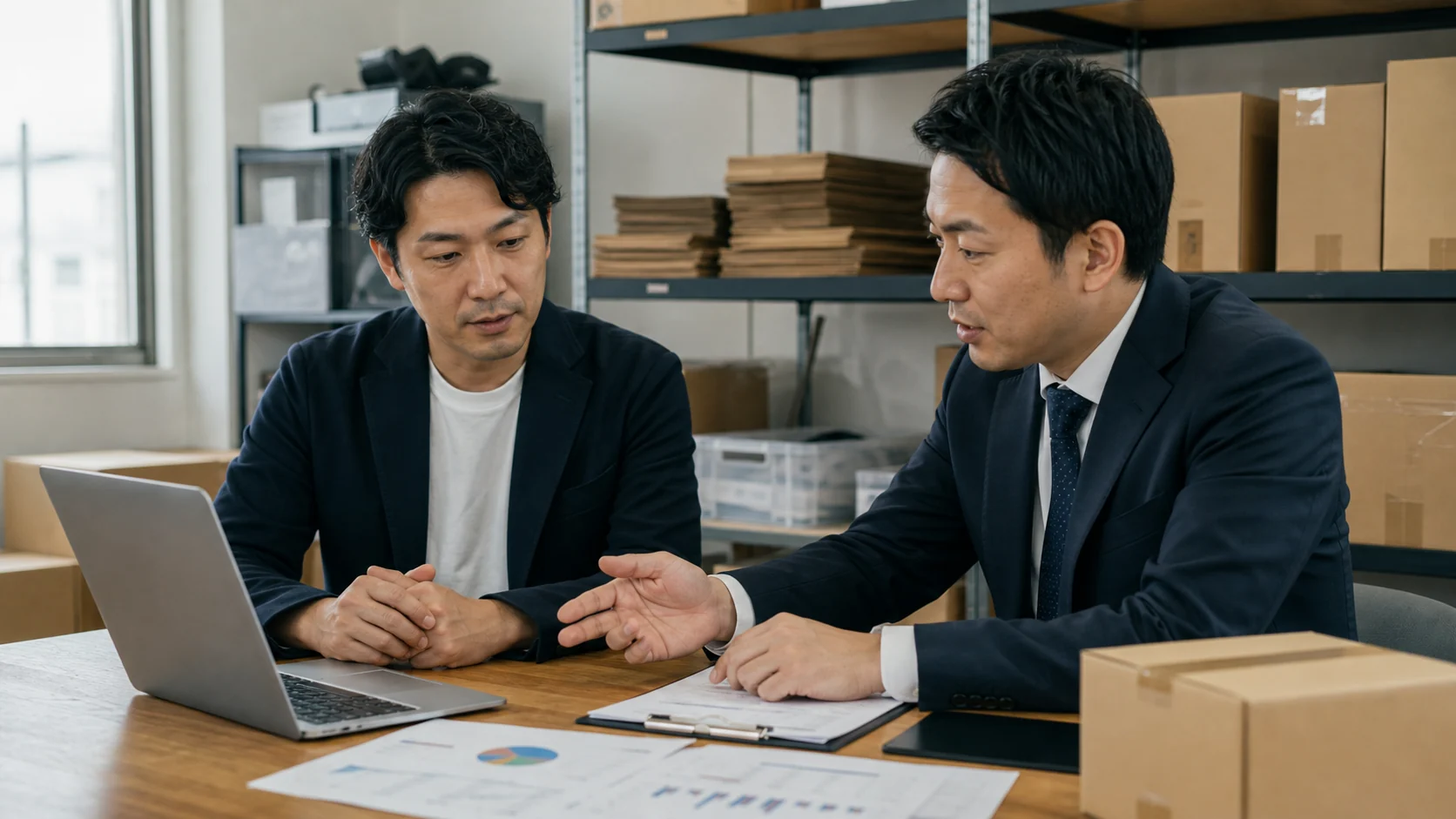 EC会社経営者と資金調達アドバイザーがチャネル改善後の運転資金を比較する会議