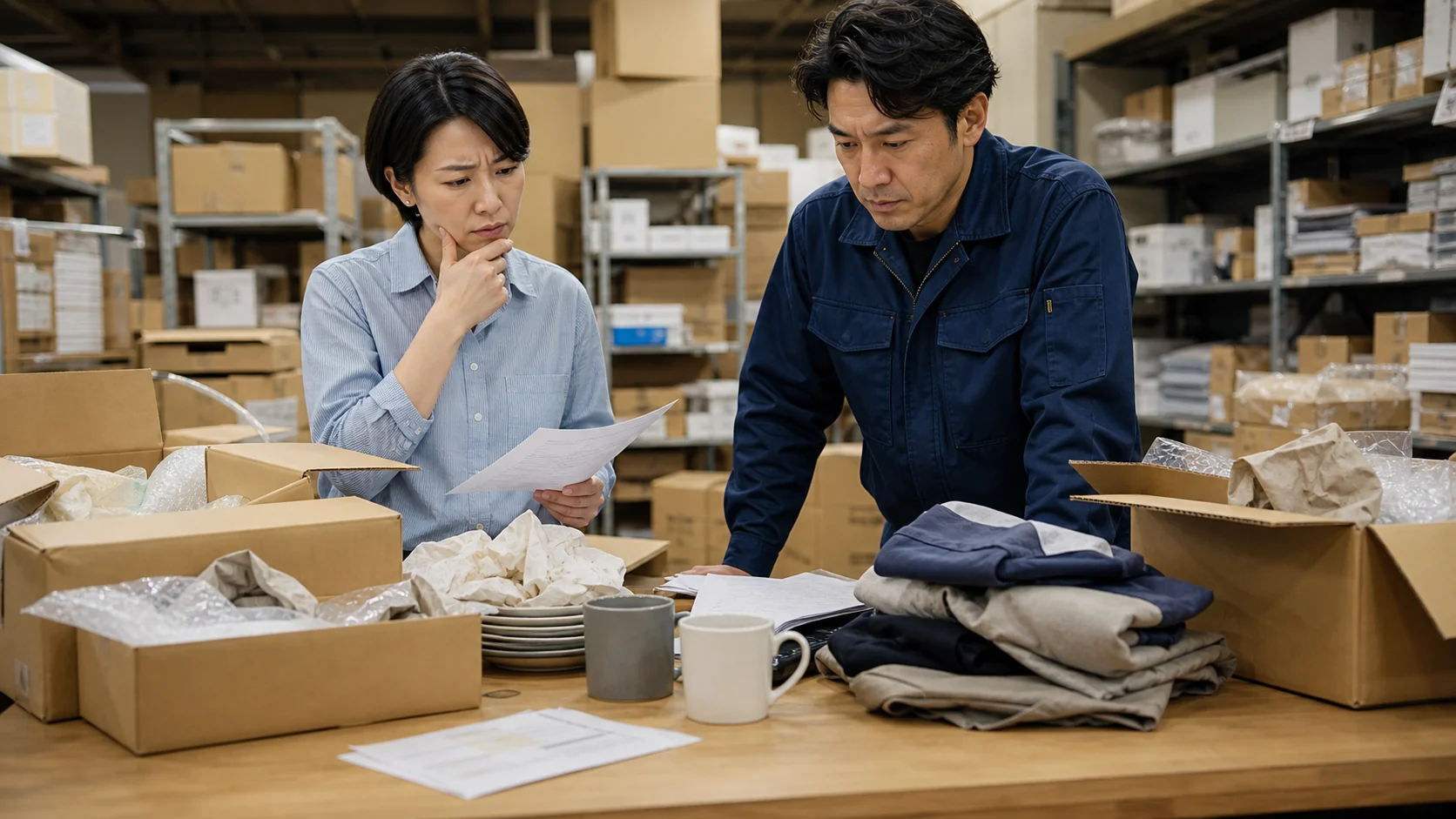 EC雑貨会社経営者が倉庫でモール売上明細と返品在庫を確認する場面