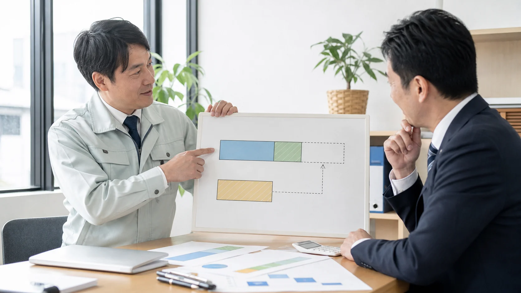 経営者と財務担当者が銀行担当者へ返済後の資金余力を説明する会議