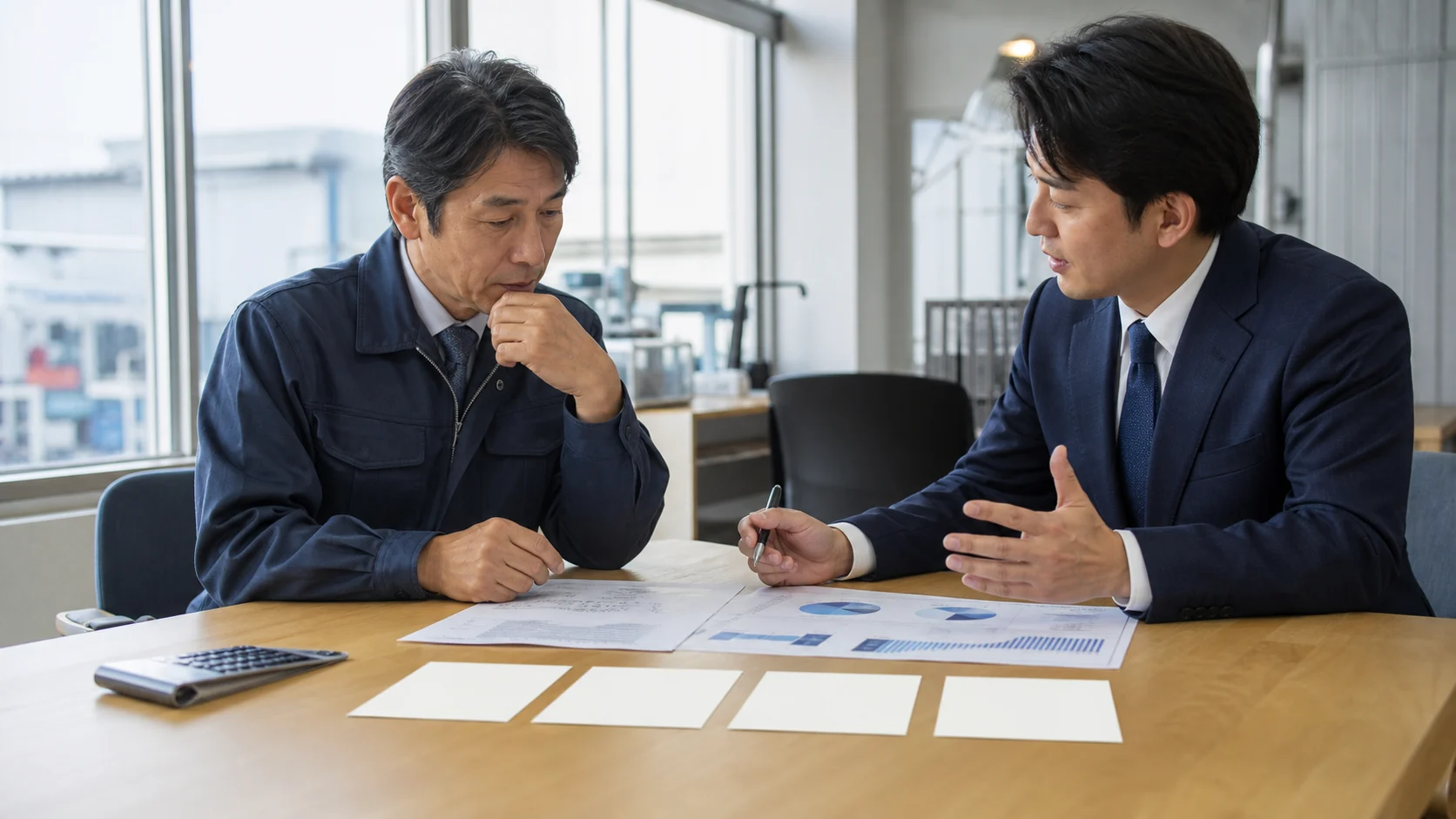 製造会社経営者と資金調達アドバイザーが税後返済余力を比較する会議