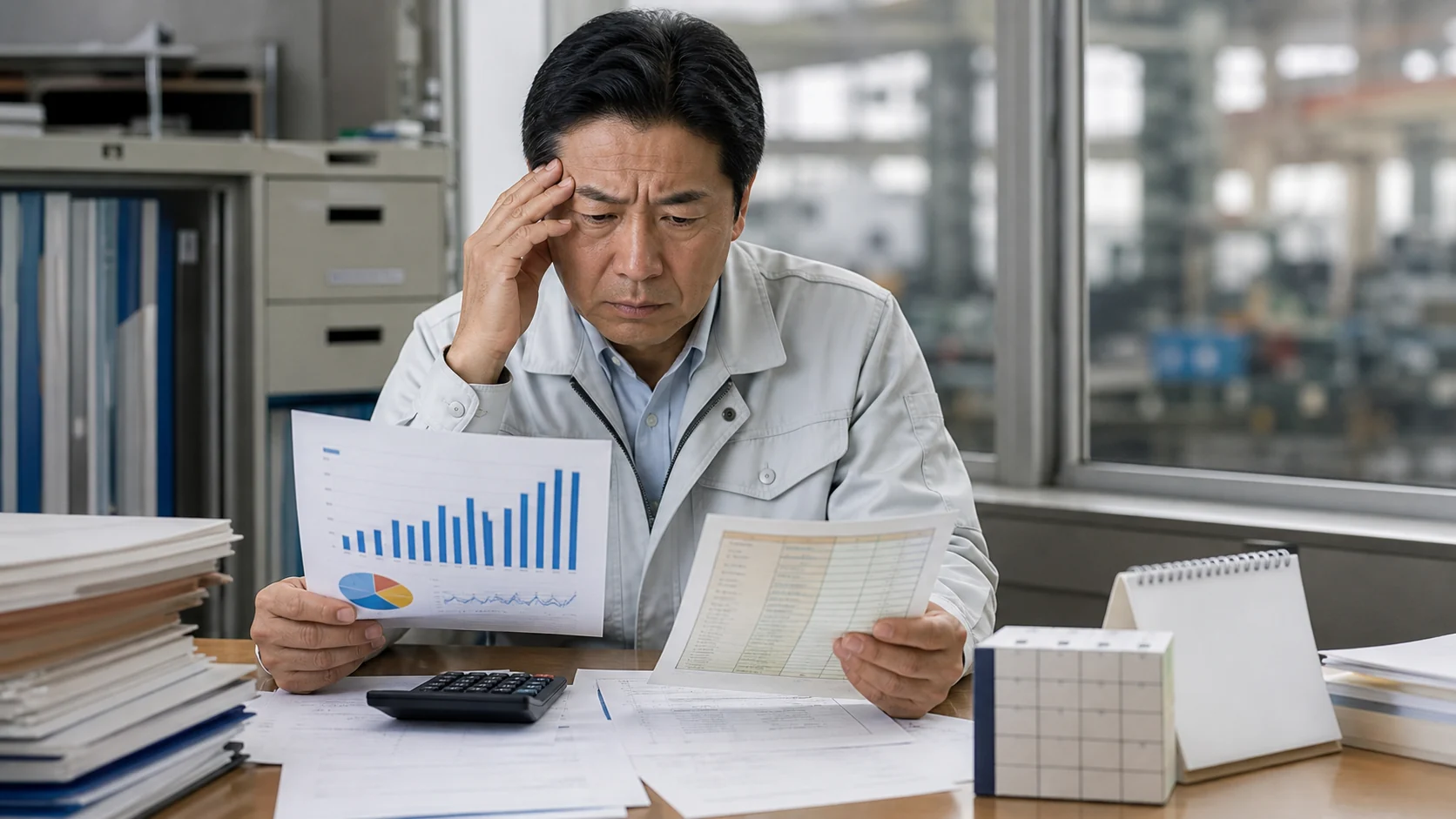 精密機械製造会社の財務担当者が経常利益と特別損益を照合する場面