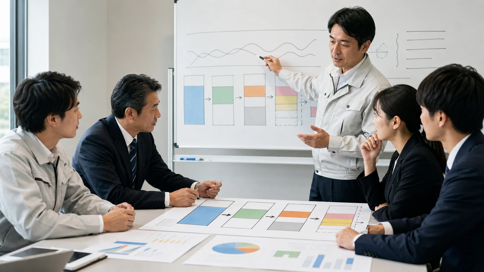製造会社の経営会議で税引前利益を税後返済余力へ変換する場面