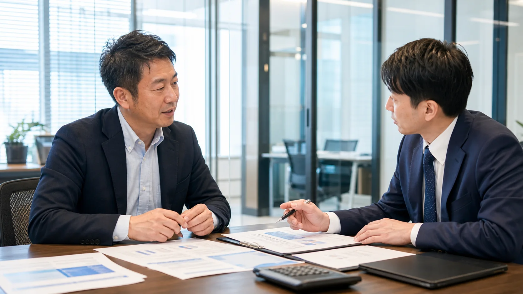 サービス会社の経営者と銀行担当者が年払契約更新後の資金繰りを確認する会議